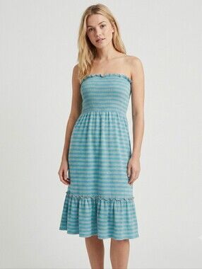 Mix & Co Turquoise/Gray Striped Smocked Tube Dress Small